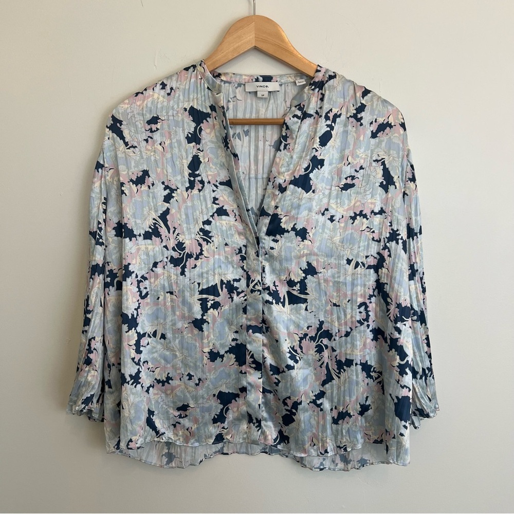 Vince Womens Floral Print‎ Accordion Pleat Button Down Blouse Blue Pink Sz Small